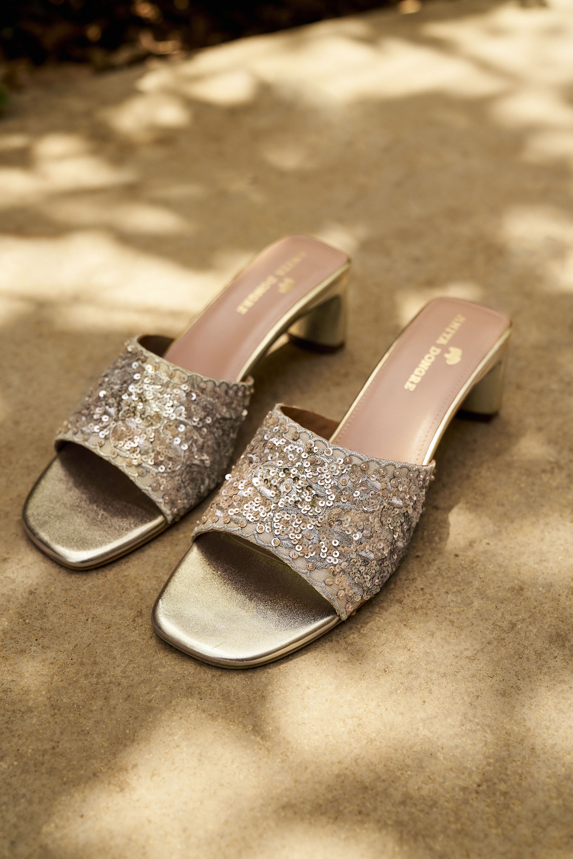 Golden Blossom Hand-embroidered Heels - Gold